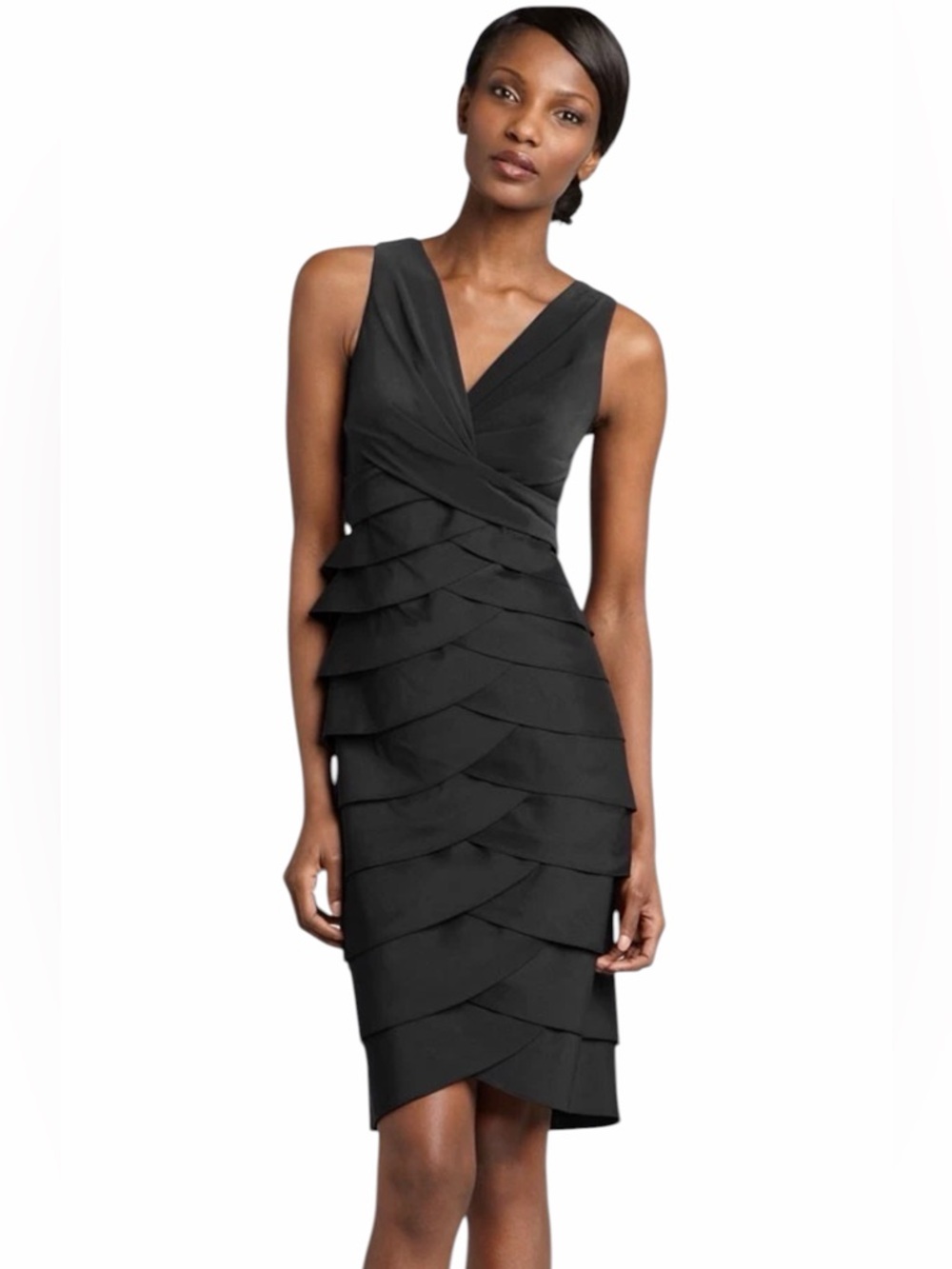 Adrianna Papell•Black Sleeveless Tiered V-Neck Midi Dress